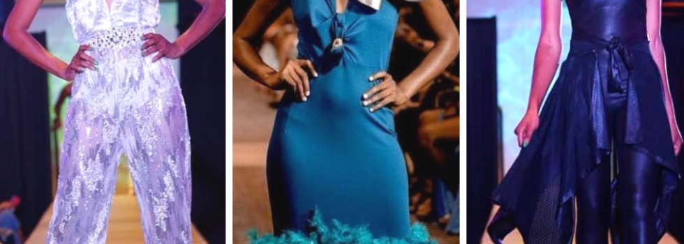 Collage Of Bryana McDowell Walking At Winston Salem Fashion Week In Different Designers Clothes