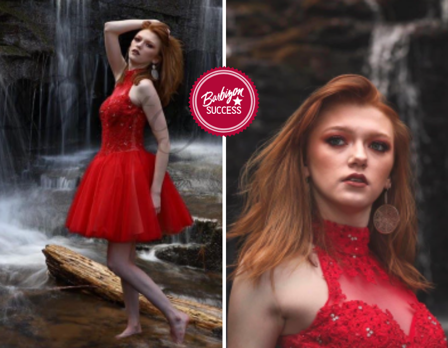 Aricca In A Red Dress Posing In Front Of A Waterfall For The Mentioned Magazine