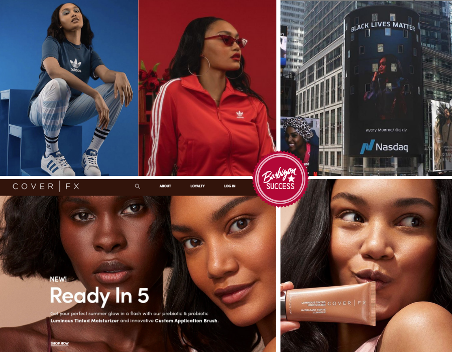 Collage Of Josilyn Williams In Different Ads From The Adidas And Cover Girl Campaign, And A Shot Of Her On The Mentioned Ad In Times Square