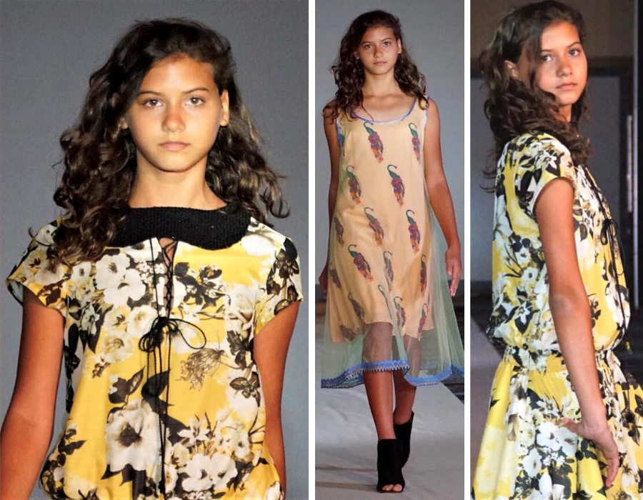 Collage Of Francesca Walking In The Fashion Show In Three Different Poses And Two Different Dresses