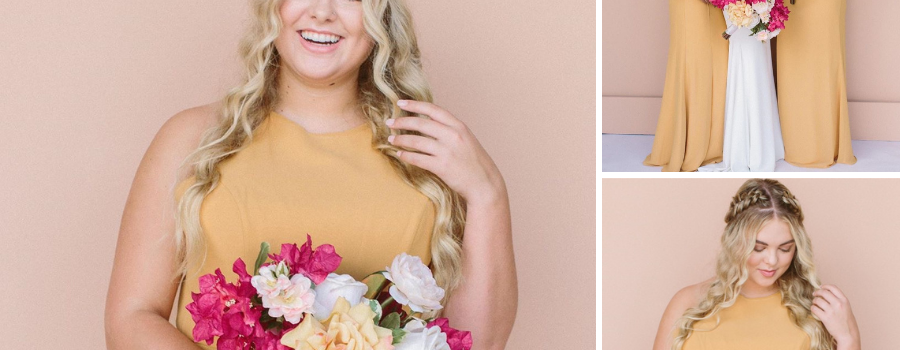 Collage Of Emily Wearing A Yellow Dress And Holding A Boquet Of Flowers For The Something Borrwed Blooms Campaign