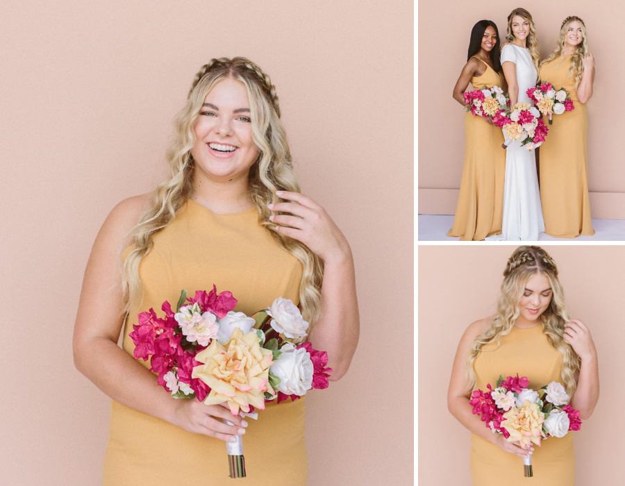 Collage Of Emily Wearing A Yellow Dress And Holding A Boquet Of Flowers For The Something Borrwed Blooms Campaign