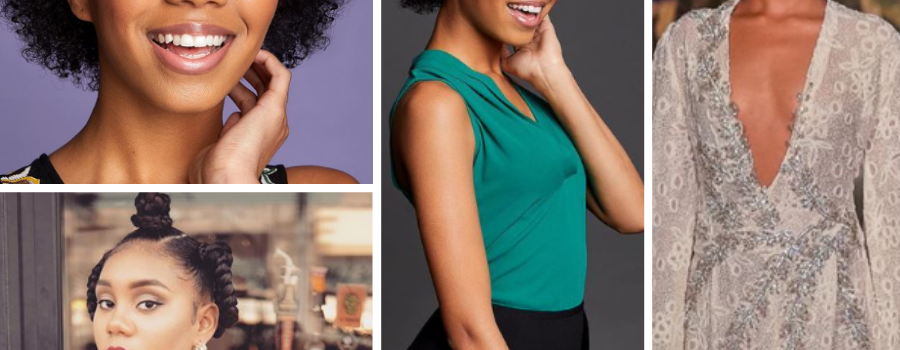 Collage Of Alayla With Modeling Headhshots, A Body Shot, And Shot Of Her Walking In A Gown On The Runway