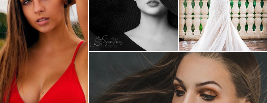 Collage Of Jessica, Swimsuit Modeling, Hat Modeling, Wearing A Bridal Dress, And A Close-up Of Her Face