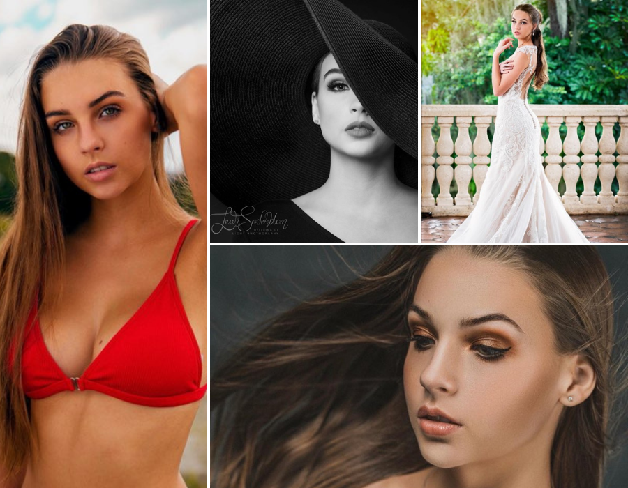 Collage Of Jessica, Swimsuit Modeling, Hat Modeling, Wearing A Bridal Dress, And A Close-up Of Her Face