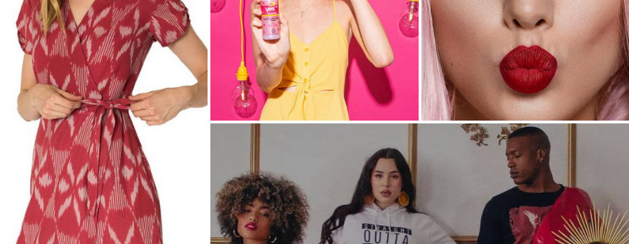 Collage Of Rachel Smith In Her Various Featured Campaigns, Modeling A Dress, Posing With A Beauty Product And Orange Slice Over Her Right Eye, Winking In A Close-up, And Posing With Other Models Casually For Vogue