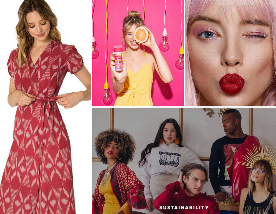 Collage Of Rachel Smith In Her Various Featured Campaigns, Modeling A Dress, Posing With A Beauty Product And Orange Slice Over Her Right Eye, Winking In A Close-up, And Posing With Other Models Casually For Vogue