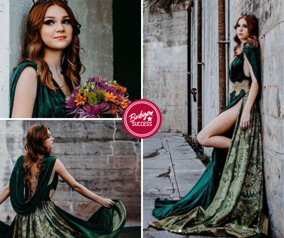 Collage Of Joci Modeling Custom Joy Designs Green Gown