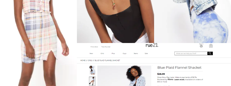 Collage Of LaDonya Williams Modeling In Different Outfits Including A Screenshot Of Her As A Featured Model On Rue 21's Website