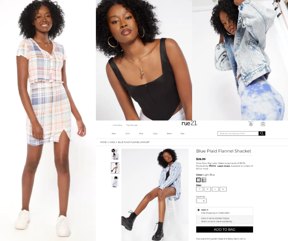 Collage Of LaDonya Williams Modeling In Different Outfits Including A Screenshot Of Her As A Featured Model On Rue 21's Website