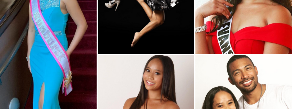 Collage Of Kaley, Wearing Her Title Crown Dress And Sash, Jumping And Holding Heels, Posing And Wearing A Title Sash, And Posing With A Man Smiling