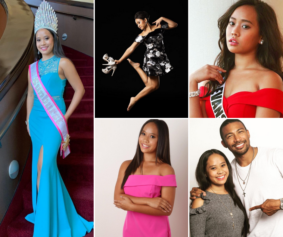 Collage Of Kaley, Wearing Her Title Crown Dress And Sash, Jumping And Holding Heels, Posing And Wearing A Title Sash, And Posing With A Man Smiling