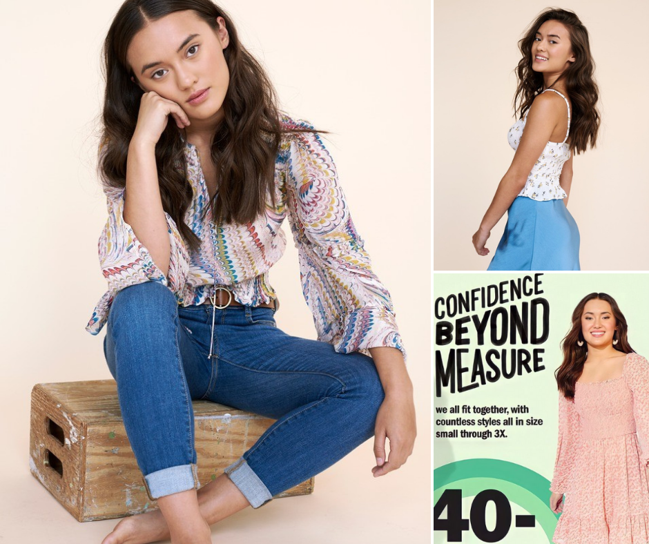 Collage Of Abby Modeling In A Seated Position, Standing And Smiling, And Shot Of Her On A Promo Poster For A Modeling Campaign