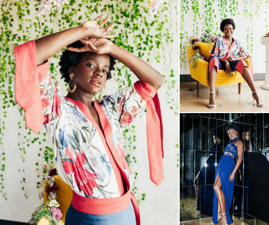 Collage Of Gaetanne Modeling In Two Different Poses In A Floral Kimono For The TWU Fashion Show As Well As Her Posing In A Blue Gown