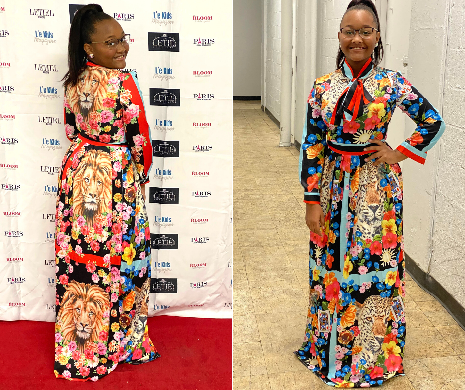 Side-by-side Photos Of Elyse Posing In A Designer Dress At NYFW