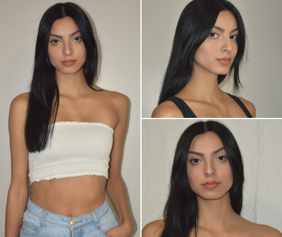 collage of Fatima including a body shot and a forward and profile head shots of her modeling