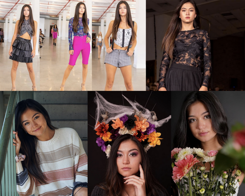 collage of Danielle including three different headshots of her and four poses from her walking on the runway in different fashion designs