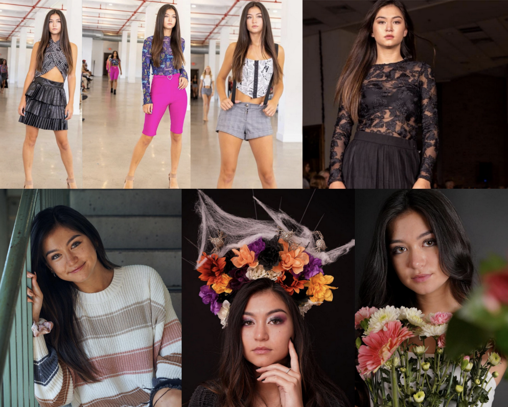 Collage Of Danielle Including Three Different Headshots Of Her And Four Poses From Her Walking On The Runway In Different Fashion Designs