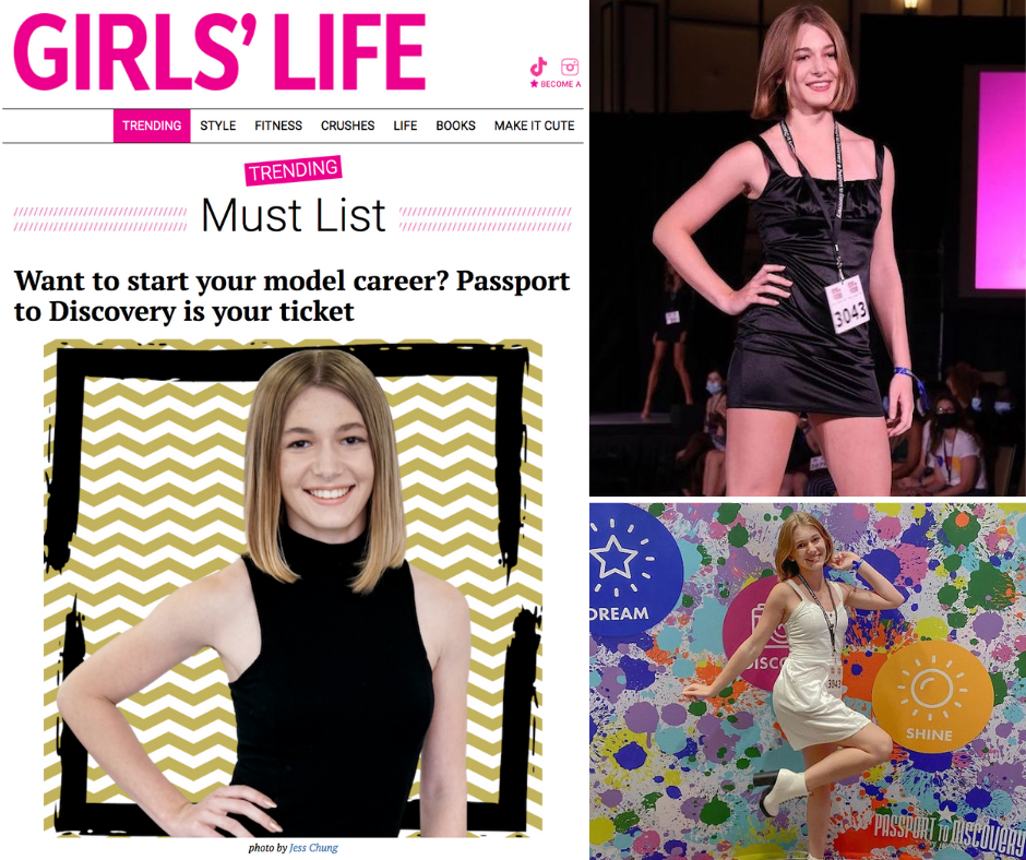 Collage Of Madison Including A Screengrab Of Of The Girls' Life Magazine Article Headline, Her Modeling On The Runway, And Her Posing At Passport To Discovery