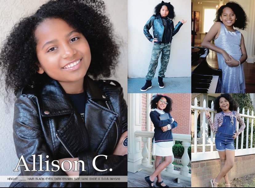 Comp card of Allison featuring head shots and differnet modeling body shots of her