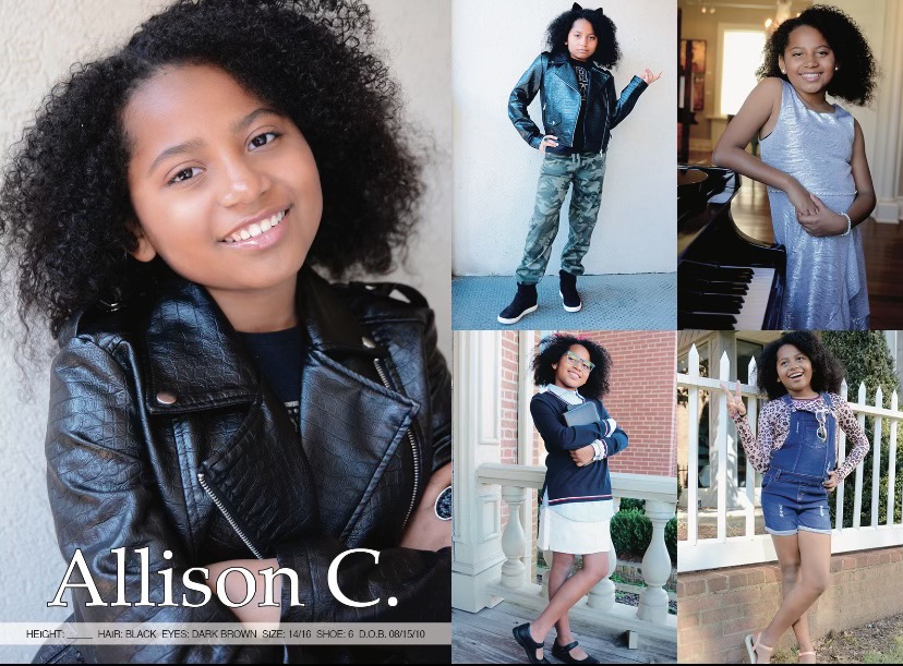 Comp Card Of Allison Featuring Head Shots And Differnet Modeling Body Shots Of Her