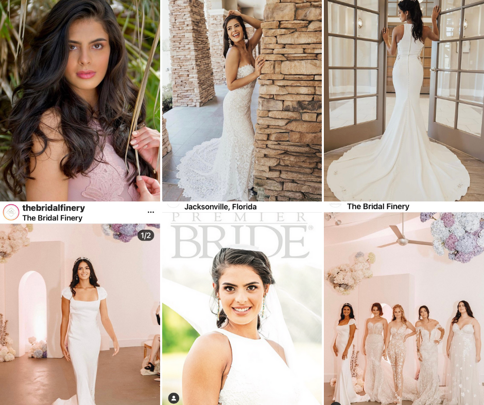 Collage Of Sierra From The Bridal Shoots Wearing Different Bridal Dresses And Wear And Modeling With Other Models