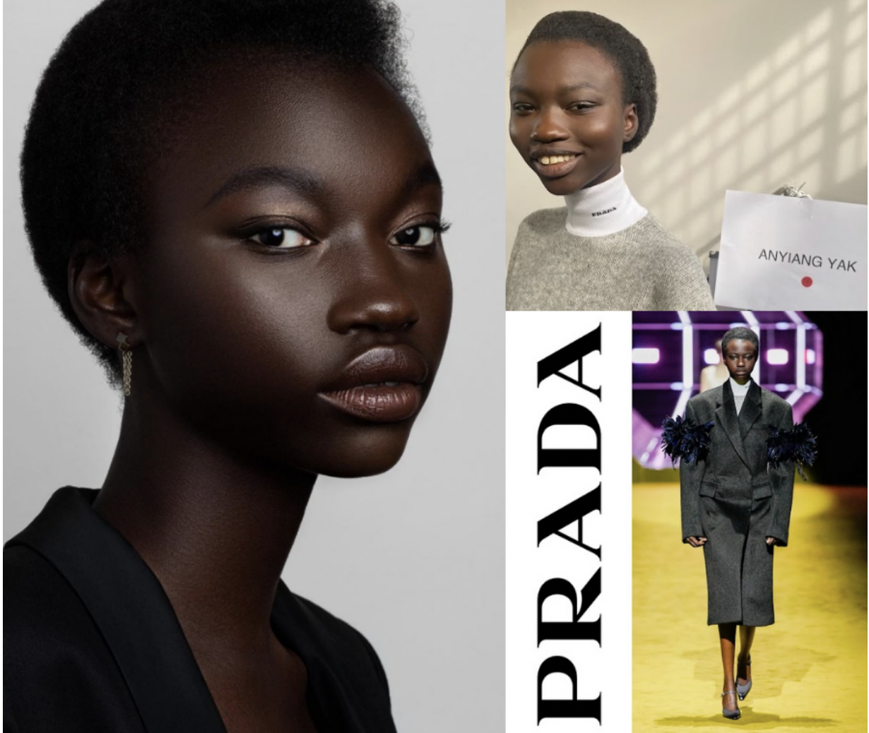 collage of Anyiang featuring a head shot, backstage at the Prada show, and walking in the Prada fashion show
