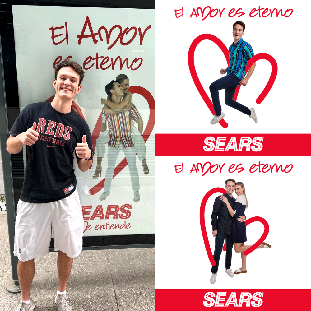 Collage: Noah Modeling In Promotional Posters For The Sears Campaign, And Noah Posing On The Street In Front Of The Campaign's Signage Featuring Himself