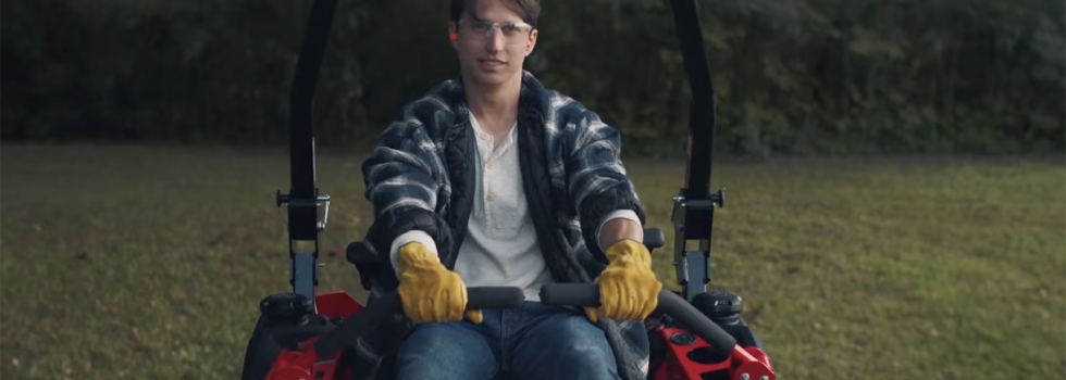 Still From The Commercial Of Thomas Riding A Gravely Lawn Mower