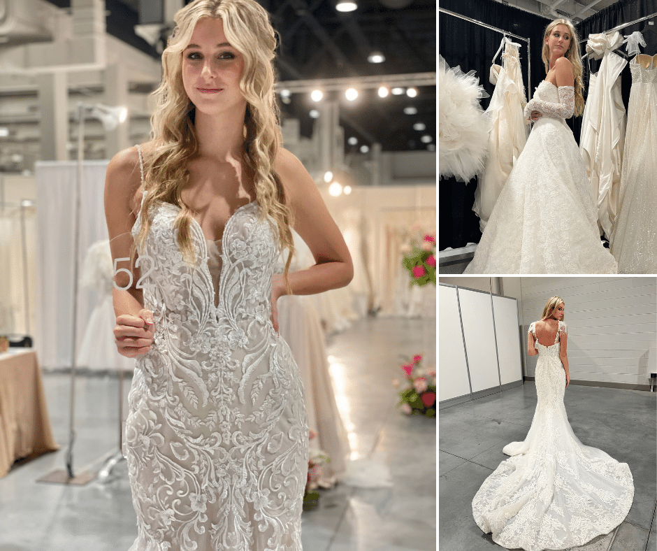 collage of Ava modeling in different bridal dresses