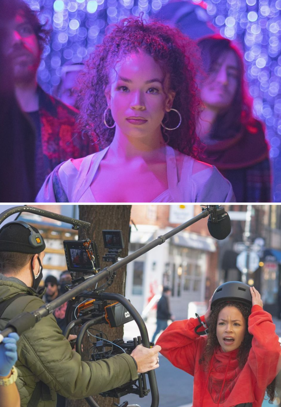 Destiny in a still form the short film and behind the scenes of her filming on set