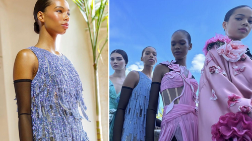 Close Up Of Malaika Walking In The Fashion Show And And Her Standing In A Lineup At The Fashion Show With Other Models