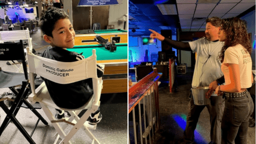 Dominic Sitting In The Producer's Chair On Set And Eva On Set Taking Direction From A Director